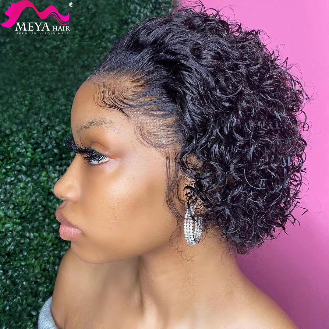 Big Sale Wig Wave-Wigs Virgin-Short MEYA Curly Bob Lace-Front Transparent Pixie-Cut Black Deep-Water JlwjeQqMnMB