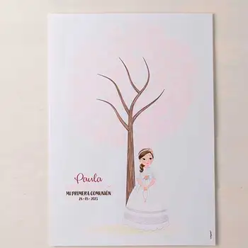 

Family trees from Footprints and signatures for First Communion. Zoom print Personalized with name and date, include box ink in tones roses.