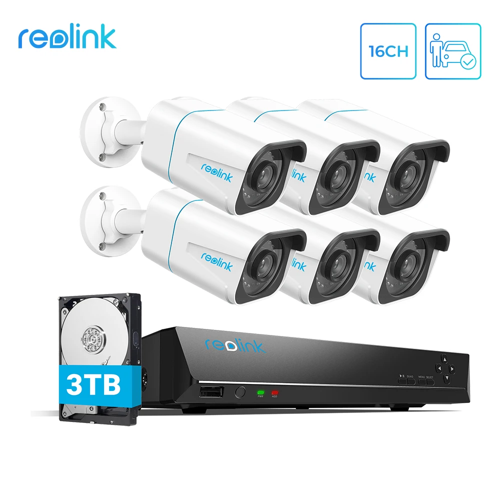 Reolink-sistema de cámaras de seguridad inteligente RLK16-810B6-A, 16 canales, NVR plus, 6 uds., cámaras 4K Bullet PoE, con detección de personas/coche