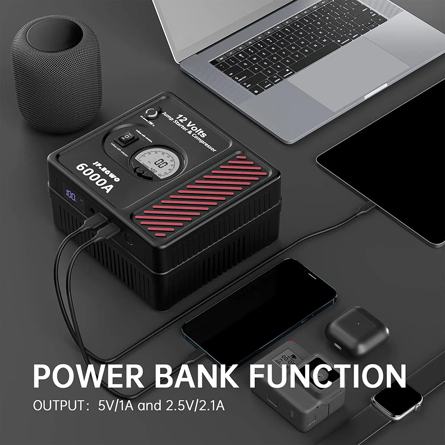 Car Jump Starter Jump Starter Car Battery Charger Portable Battery Charger JF.EGWO 6000A Car Jump Starter Tire Inflator 150PSI Air Compressor Starting Device Battery Power Bank Charger For 12V