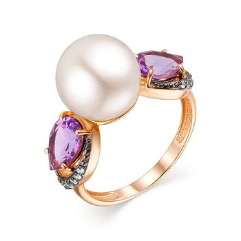 

Gold ring with amethyst, cubic zirconia and pearls sunlight sample 585