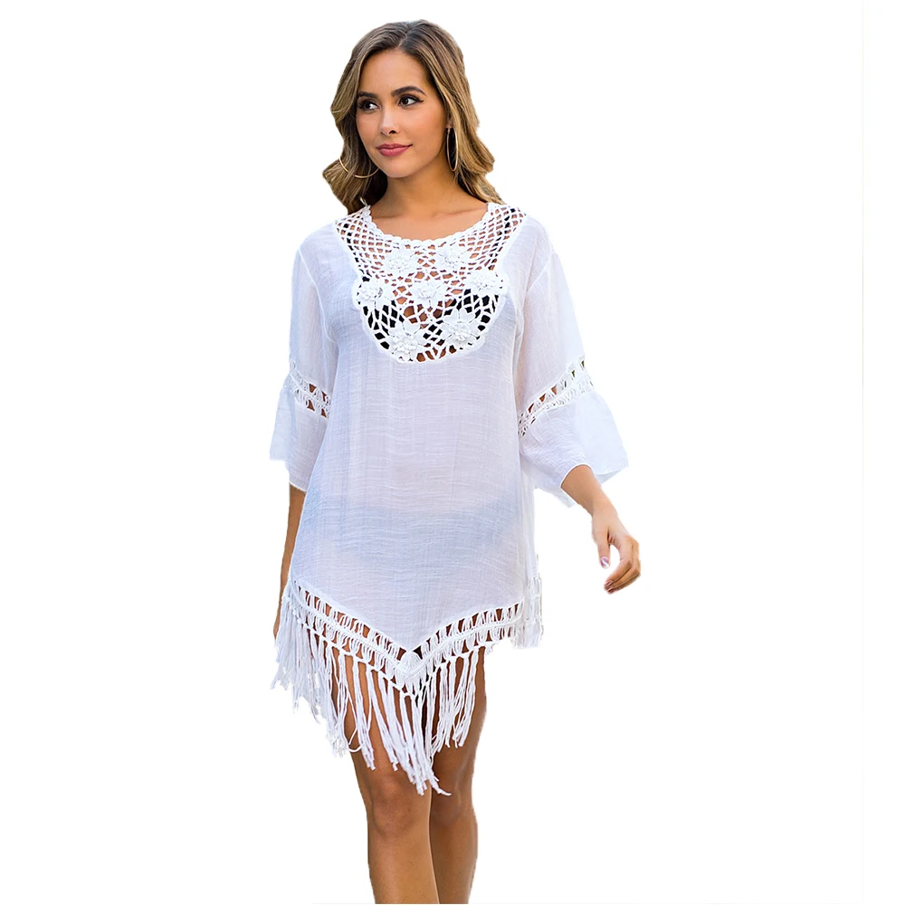 

Bikini Cover Up Beach Dress Women Hand Hook Flower Cover Ups Blouse Skirt Irregular Fringed Sunscreen Loose Beach Dresses Female