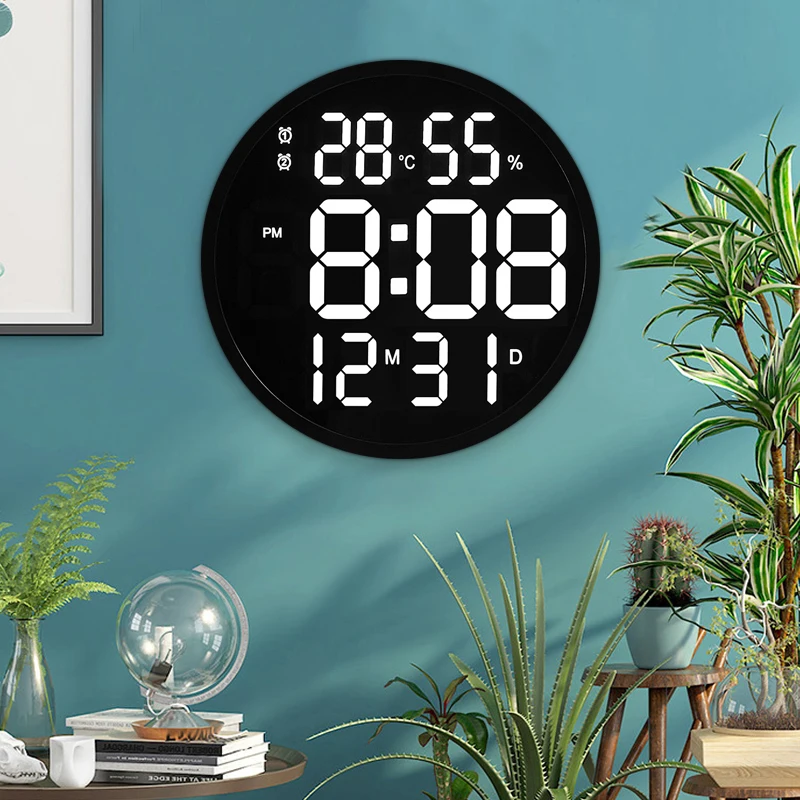 Silent Led Electronic Round 3D Large Wall Clock Digital Temperature Humidity Date Display Alarm Clock Modern Home Decoration_voghion.com