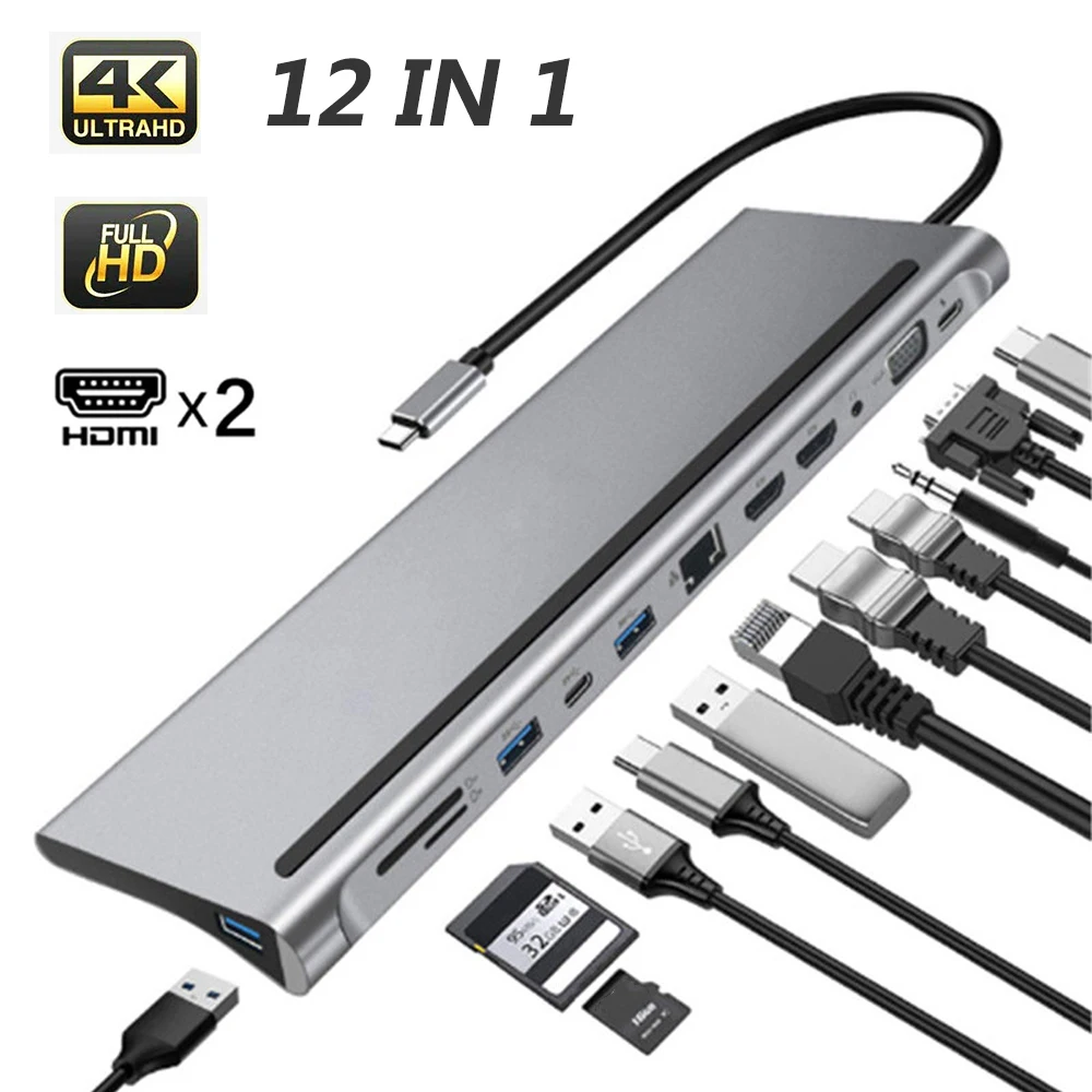 

12-in-1 USB Type-C HUB 4K Docking Station Dual HDMI RJ45 VGA Gigabit 87W PD Adapter SD TF Card Reader USB 3.0 Hub For Macbook