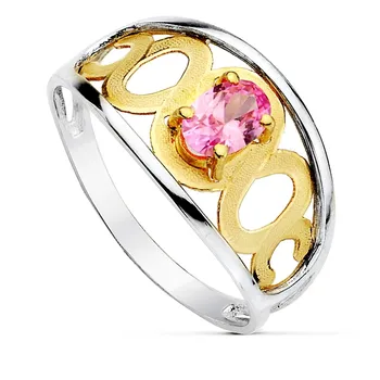 

18k solid gold ring bicolor center stone oval pink 2.5mm. [AB2299]