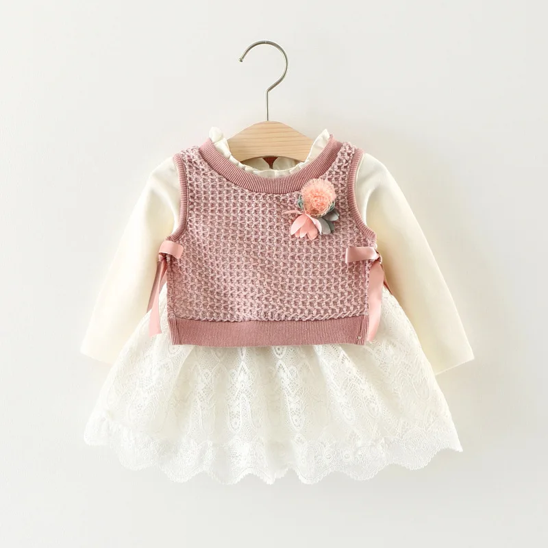 Knit Crochet Sweater Dress Baby girl Flower Sweater Vest Clothes Set