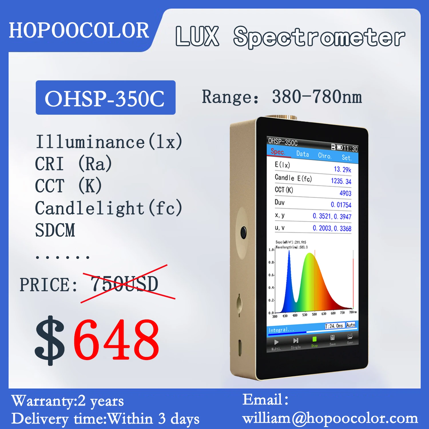 Lux Meter Hopoocolor Handheld Spectrometer Ohsp350c 380780 Nm Led