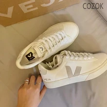 

VEJA Couple Flat Lace-up Sports V-shaped Sneakers Mens Breathable Leather All-match Designer Womens Simple White Tennis Shoes