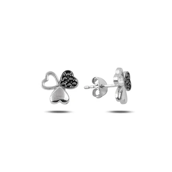 

KUTAYDAN Black Zircon Stone Heart Clover Earrings 925 Sterling Silver
