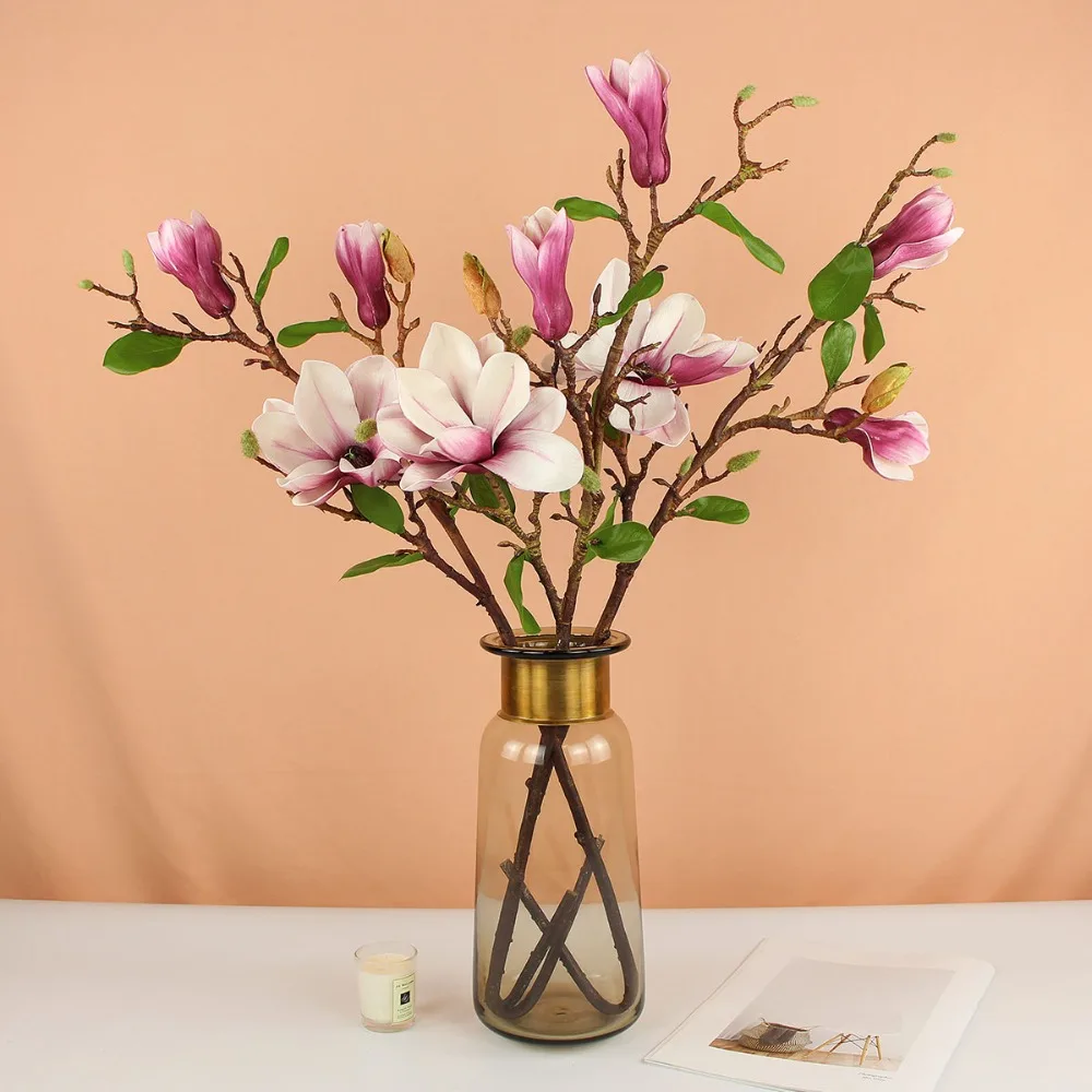 Rinlong Artificial Magnolia Flowers Silk Magnolia Long Stem Fall Decor