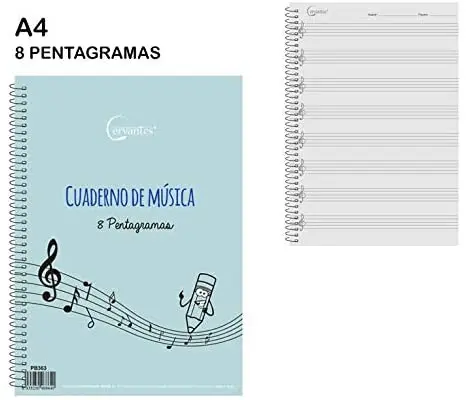A4 notebook DE MUSICA 8 pentagrams CERVANTE notebook SCHOOL MUSICA class 8 pentagrams FOR LEAF afbeelding