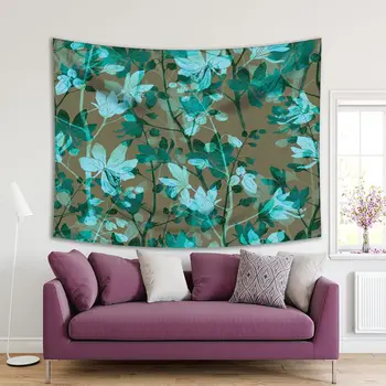 

Tapestry Flowers Leaves Plant Branches of Foliage Summer Garden Night View Boho Chic Artwork Printed Blue Brown