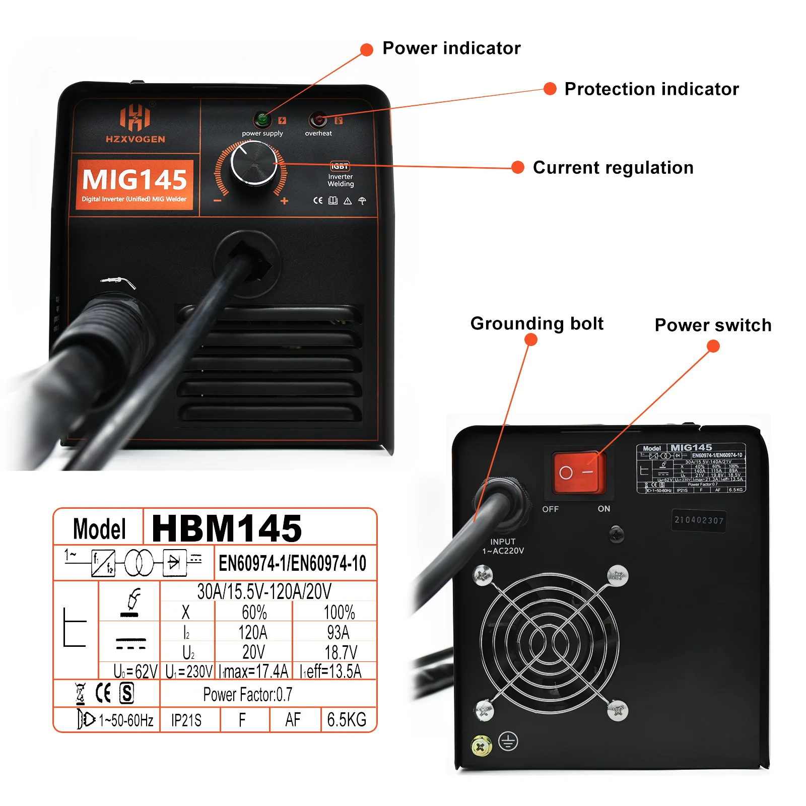 220V HZXVOGEN MIG145 Semi-automatic Welding Machine welding welders MIG Welder With 1KG 0.8mm Flux Core 0.4-4mm For Gasless Iron Soldering