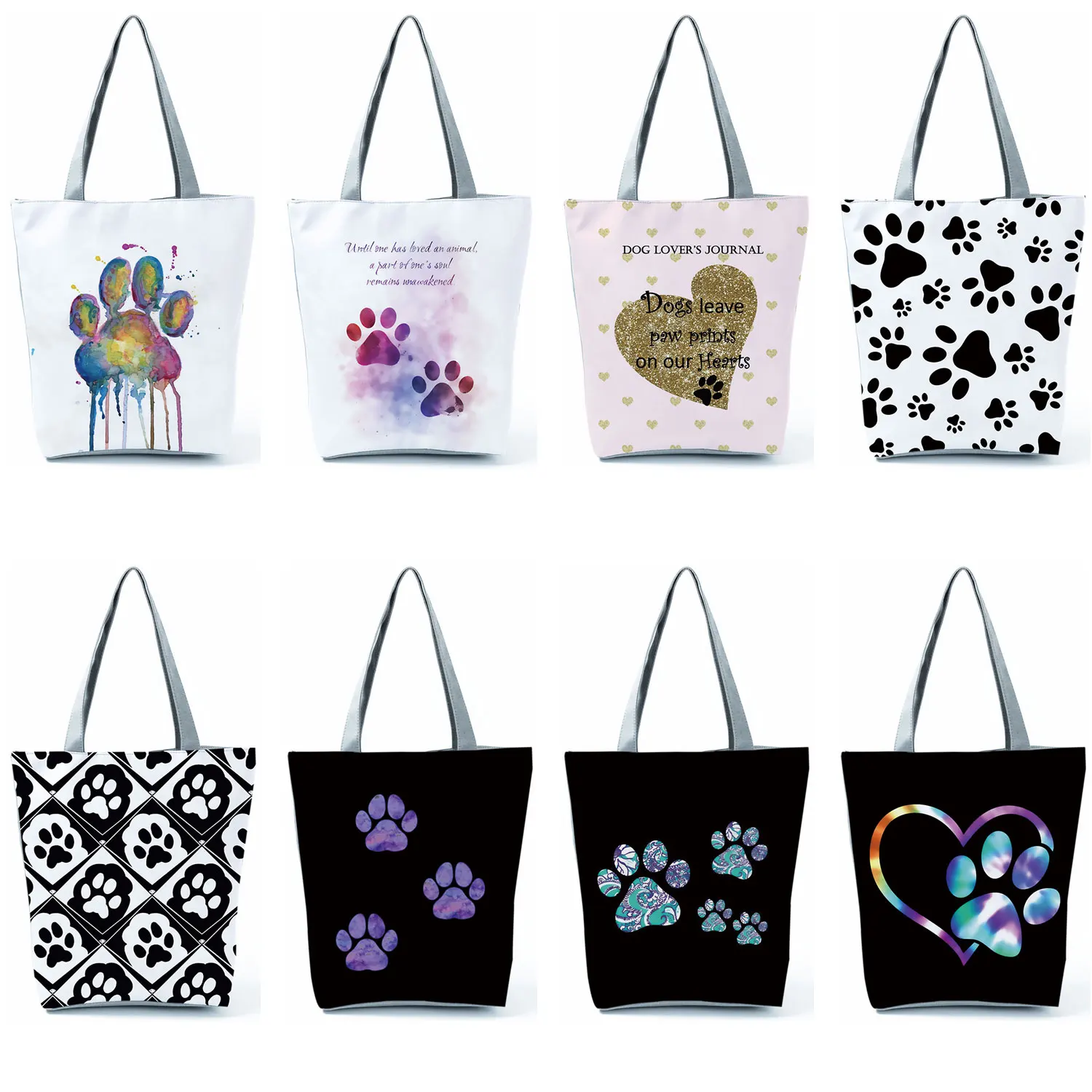 Love Dogs Bolsas impressas para mulheres, bolsa de ombro casual, sacola de compras feminina, bolsa de praia, viagem, kawaii, patas, cães, moda, verão