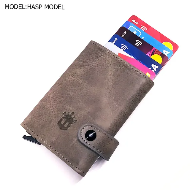 Smart Wallet Business Card Holder Real Cow Leather Handmade Smart Automatic Card Holder Men Gift Hasp Grey