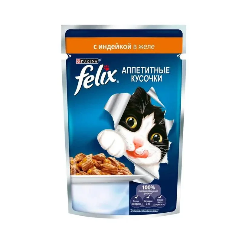 Влажный корм для кошек Felix Аппетитные кусочки с индейкой 24 шт по 85г. | Дом и сад