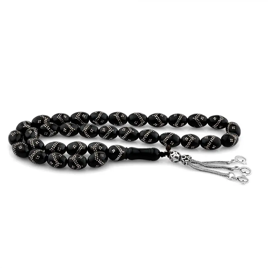 

Black Natural Jet Stone Prayer Bead With Silver Inlay Men Rosary With Silver Tassel Islamic Tasbih With Crescent Star Tassel