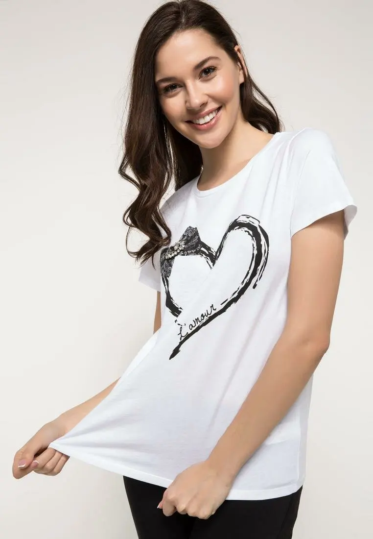 

DeFacto Woman Short Sleeve White T-Shirt Women Summer Heart Prints Top Tees Women Casual Loose Tshirts-I7802AZ18SP
