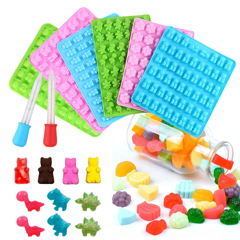 42 Cavità Mini Cat Paw Fruit Dinosaur Bear Stampi In Silicone Gommoso Jelly Candy Stampi Per Cioccolato Strumenti Per Decorare Torte Con Contagocce