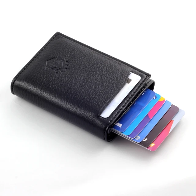 Smart Wallet Business Card Holder Real Cow Leather Handmade Smart Automatic Card Holder Men Gift Max credit card Black
