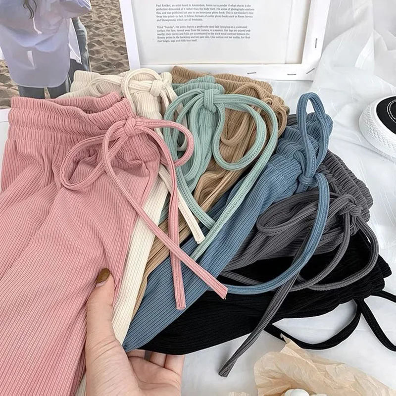 Spring and Autumn New Ladies Ice Silk Light Wide Leg Trousers Girl Solid Color High Waist Loose Wild Straight Casual Pants