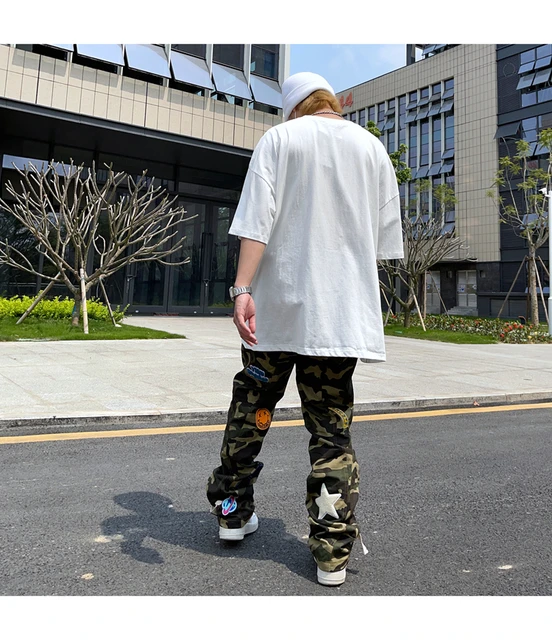 Yinyinxull Men's Tie-Dyed Baggy Jeans Y2K Wide Leg Loose Denim Pants Hip  Hop Cargo Trousers Camo Streetwear Pink M