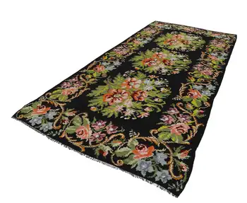 

193x403 Cm Black Handmade Rose Rug Runner Rug-6x13 Ft