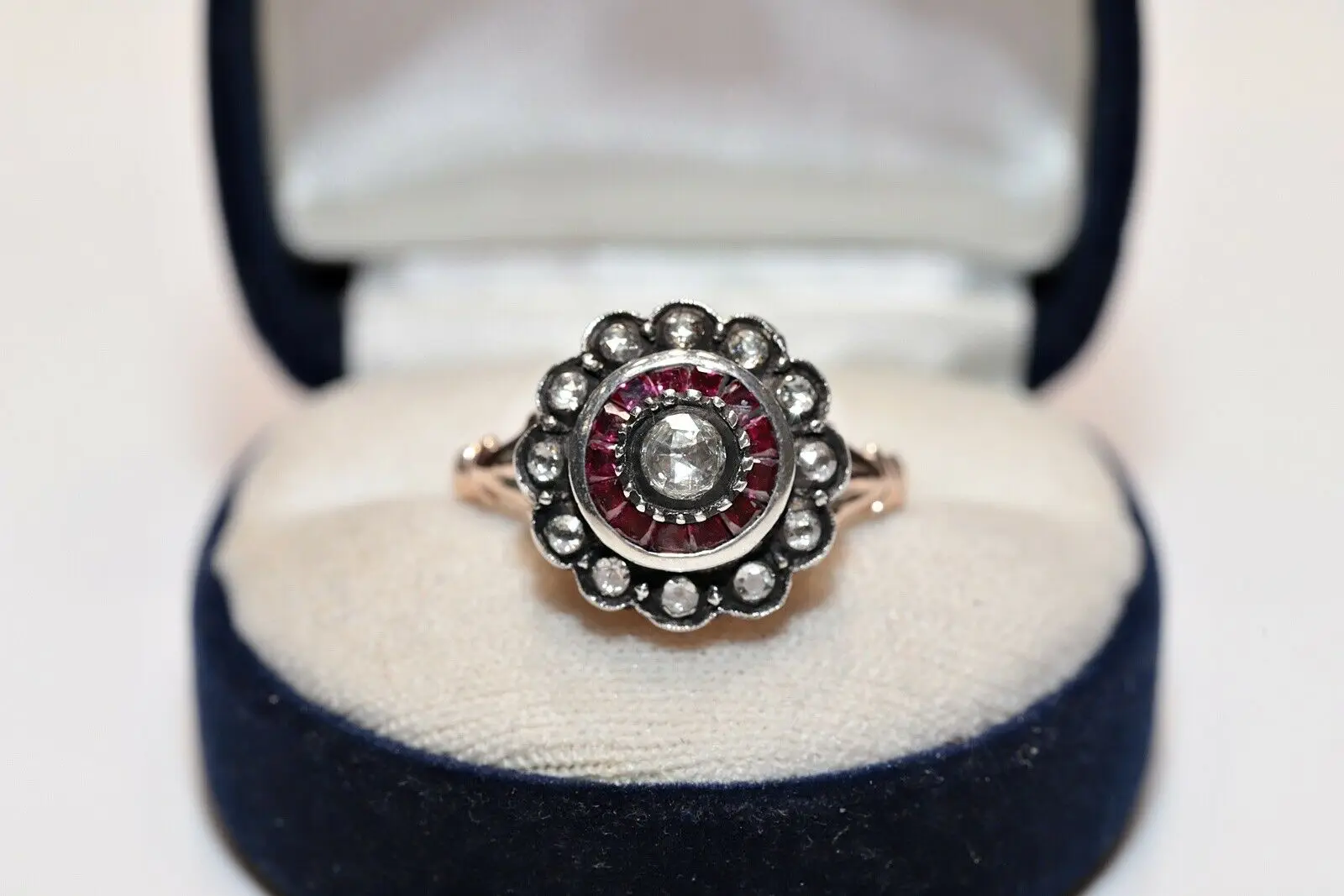 

ANTIQUE STYLE 8K GOLD NEW MADE NATURAL ROSE CUT DIAMOND AND CALIBER RUBY RING