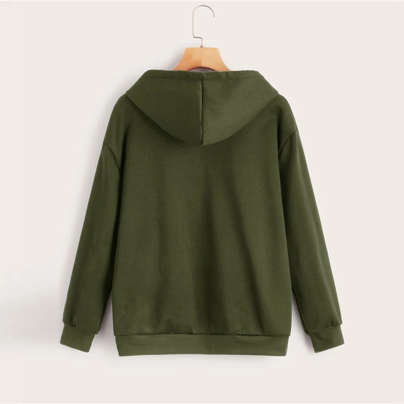ROMWE Сердце печати кенгуру карман Drawstring женские толстовки Повседневная Толстовка с длинными рукавами Осень женская одежда Толстовка Топы