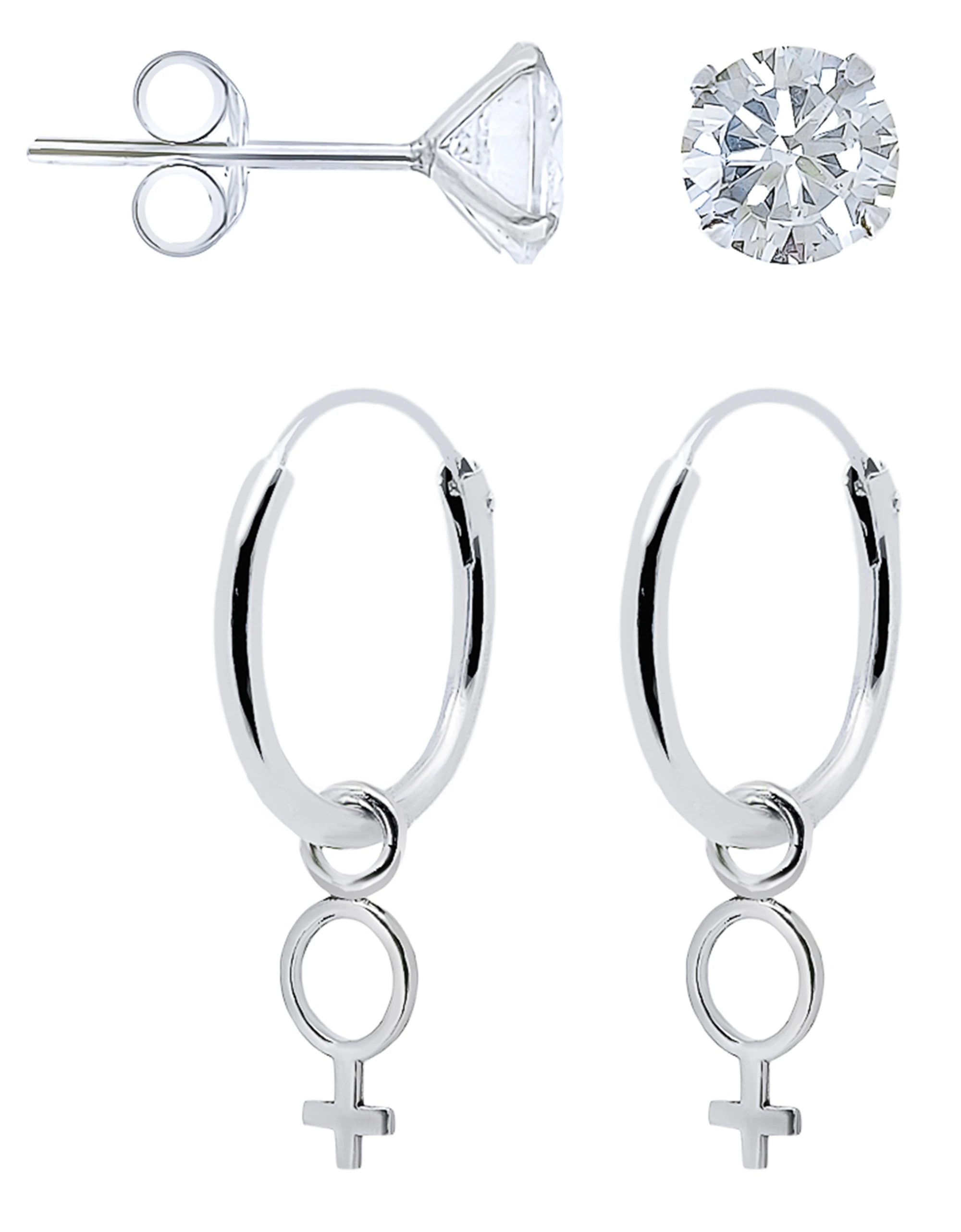 Pendientes Plata De Ley 925 Aros Para Mujer Con Colgante Simbolo Femenino Feminista Dos Brillantes De 5 Mm.|Pendientes de aro| - AliExpress