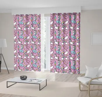 

Curtain Happy Unicorns Cats Donuts Stars Ice Creams Rainbows Confetti in Cartoon 80s-90s Comic Style Art pink Blue Yellow White