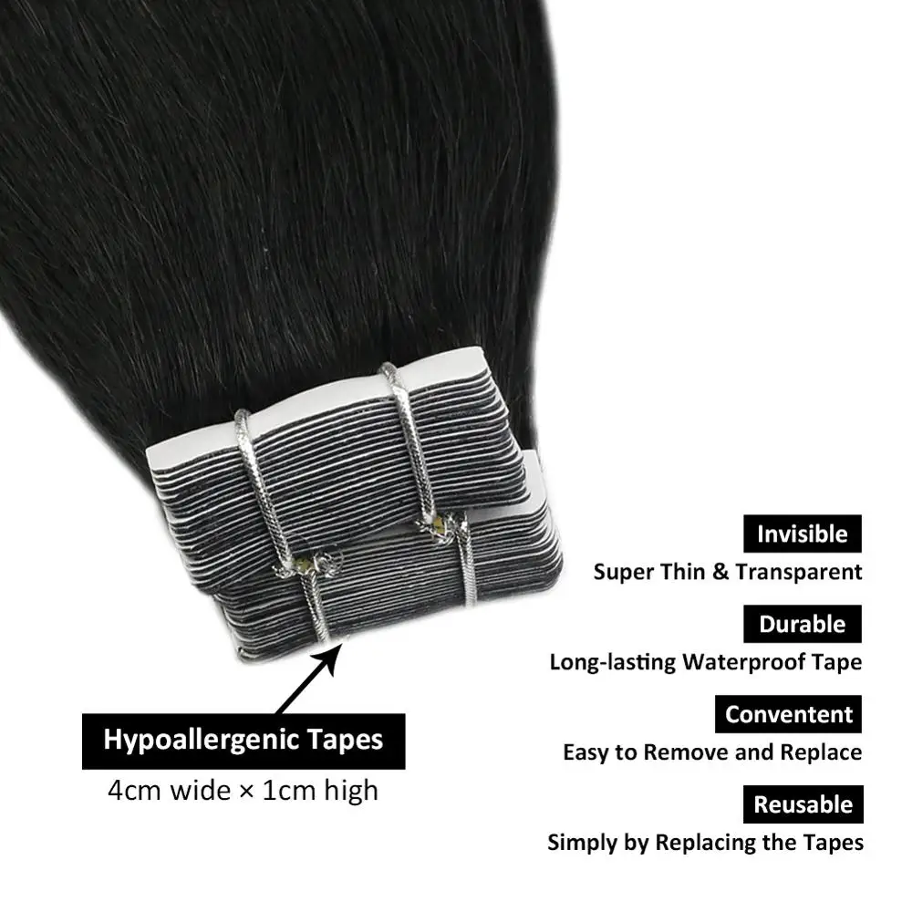 Лента для наращивания, шелковистые прямые бразильские человеческие волосы, 12-24 дюйма, черные бесшовные волосы для наращивания