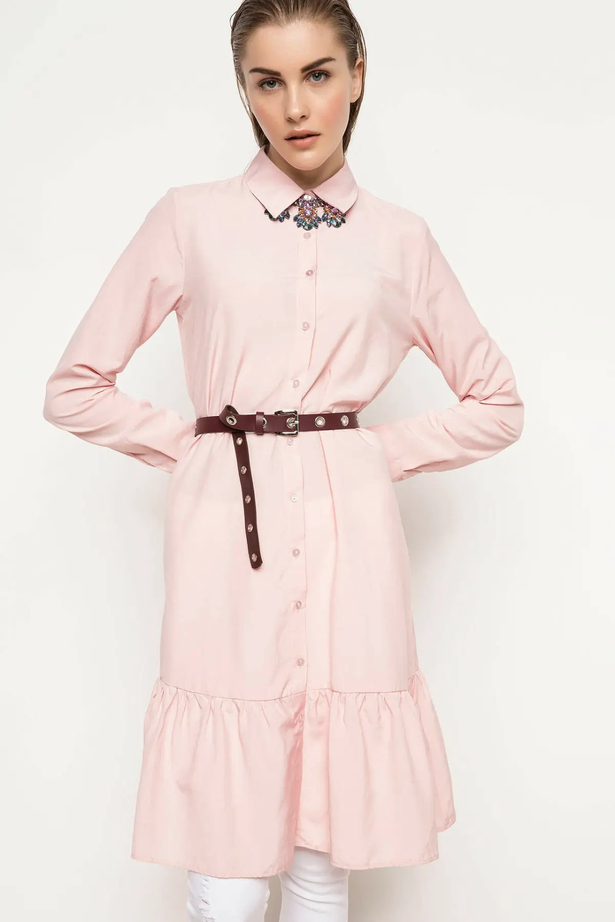 

DeFacto Fashion Woman Lapel Long Sleeves Female Belts Ladies Casual Loose PleatedTops Comfort Autumn Pink -I0953AZ18SP