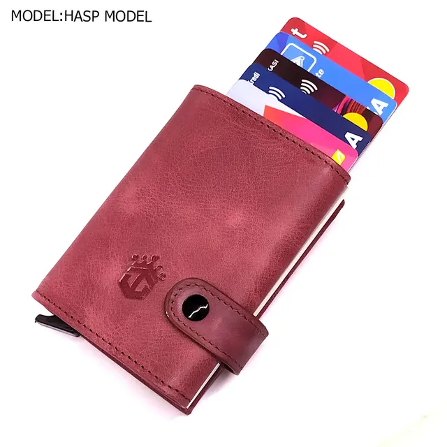 Smart Wallet Business Card Holder Real Cow Leather Handmade Smart Automatic Card Holder Men Gift Hasp Burgundy