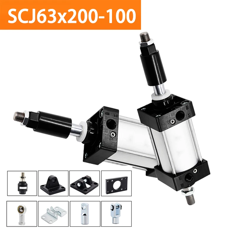 

SCJ63x200-100 Standard Pneumatic Cylinder Bore 63mm Double Acting Air Cylinders Adjustable Stroke 100-200mm Large Thrust