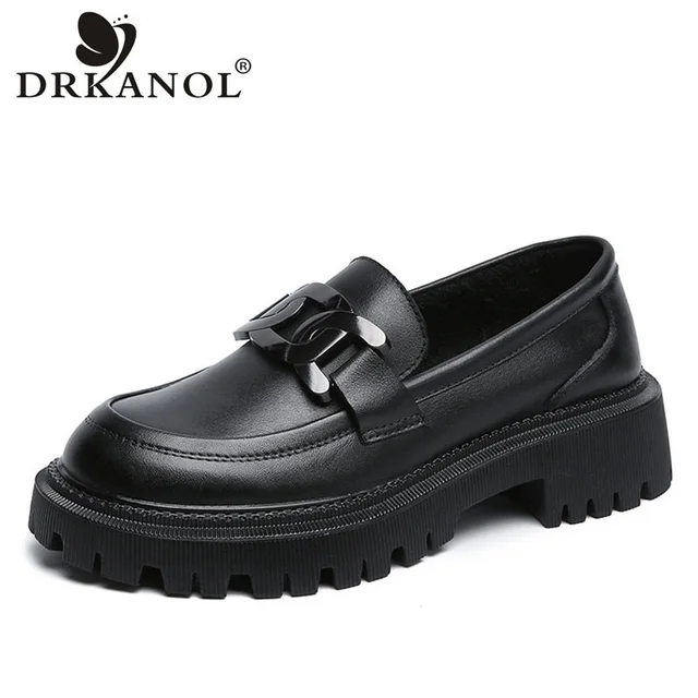DRKANOL Women Slip On Loafers Spring Autumn British Style 100% Genuine Leather Thick Heel Platform Casual Shoes Handmade Retro 1