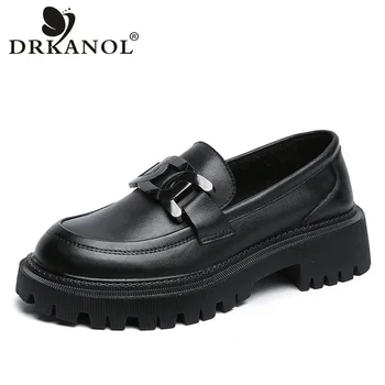 DRKANOL 여성용 슬립온 로퍼, 영국 스타일, 100% 정품 가죽, 두꺼운 굽 플랫폼, 수제 레트로 캐주얼 신발, 봄 가을