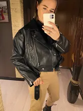 Jacket Short Winter Coat Faux-Leather Mozuleva Black Women Retro PU Turn-Down-Neck Loose