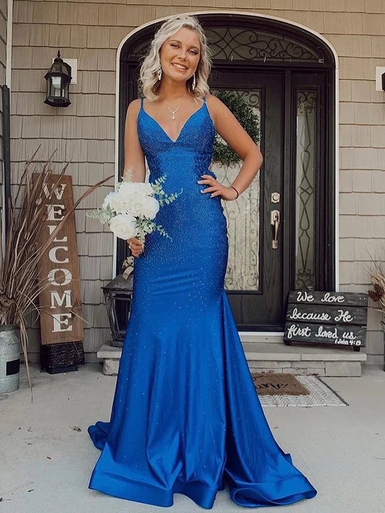 Mermaid Glitter Royal Blue Backless Long Prom Dress Evening Dress Sleeveless Mermaid Spaghetti Straps Formal Party Dress 2022 windsor prom dresses