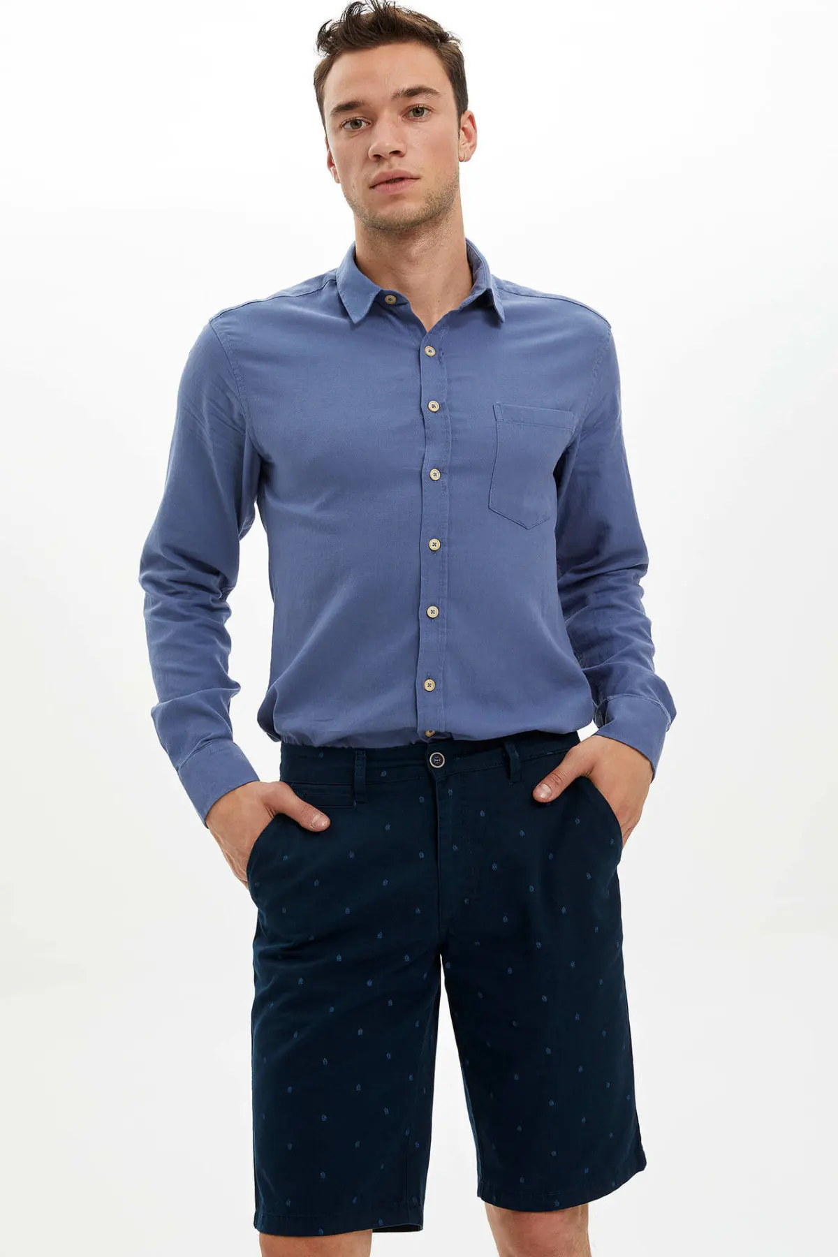 DeFacto мужские рубашки на лето и осень синего цвета, мужские повседневные смарт-топы, мужские рубашки с карманами, бермуды, топ, Cloth-K6968AZ19SM