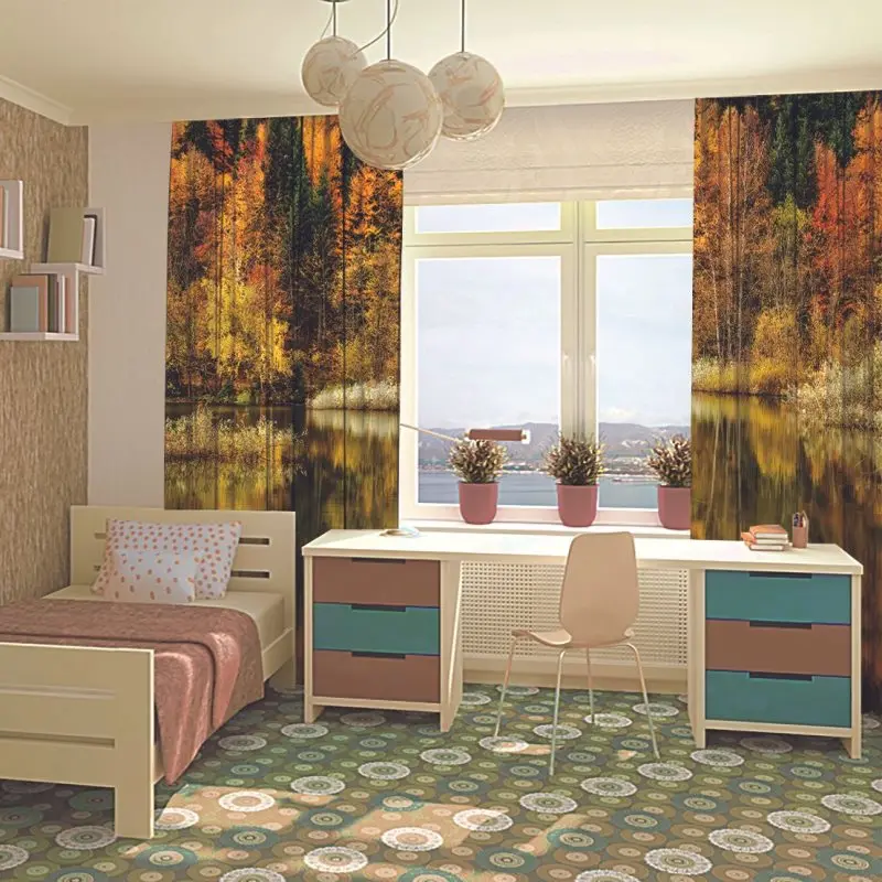 Colorful Autumn Trees Forest Reflection on Hidden Lake Nature Seasonal Landscape Green Orange Mustard View Printed Curtain