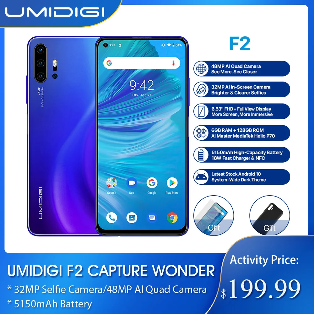 Глобальная версия UMIDIGI F2 Android 10 6 53 &quotFHD + 6GB128GB 48MP AI Quad camera 32MP Selfie Helio P70 NFC 5150mAh
