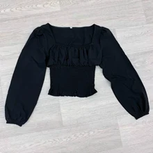 Short Blouses Womens Tops Long-Sleeve Vintage Square-Collar Casual Simple New Bow Solid