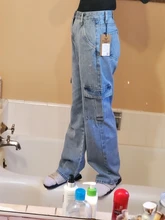 Weekeep-Pantalones vaqueros de cintura alta para mujer, ropa de calle recta para mujer, pantalones cargo de algodón 100% con bolsillos de retazos color azul