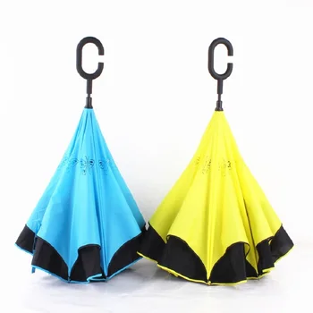 

Double Layer Rolling Over Windproof Outside Rain Long-Handle Umbrellas Reverse Folding C-Hook Handle Chuva Inverted Umbrella