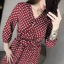 Autumn Winter Dot Bandage Dress Women Casual Ruffles V Neck High Waist Slim Print Long