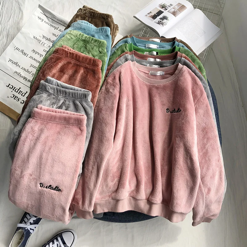 Obrix Fluffy Embroidery Female O-Neck Full Sleeve Loose Pullover Mid Elastic Waist Regular Pants Home Two PiecesSet |