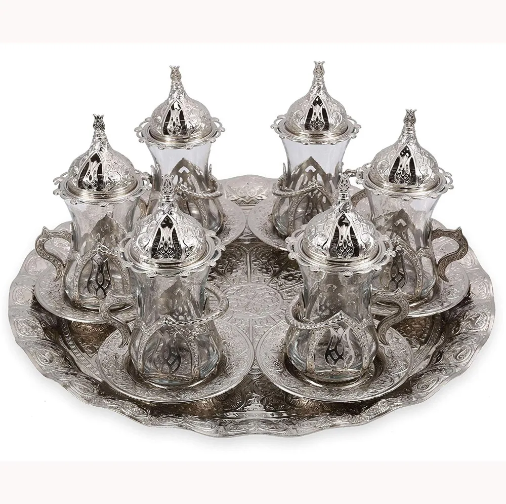 1- Turkish Moroccan Indian Tea Set for Six - Glasses with Brass Holders Lids Saucers Tray, Tea Cups, Tea Servers