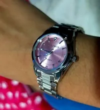CHRONOS-Reloj de acero inoxidable con diamantes de imitación para mujer, pulsera de plata, cuarzo, resistente al agua, analógico, de negocios, esfera rosa y azul