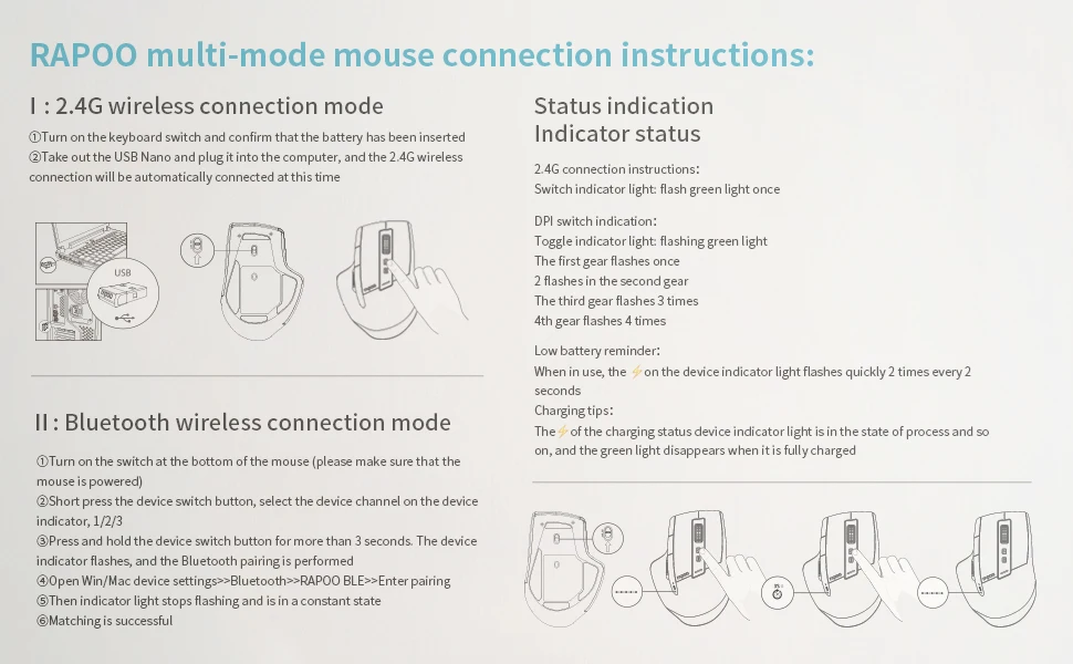 Rapoo Multi-mode Bluetooth Wireless Mouse Rechargeable 3200DPI Switch between Bluetooth 3.0/4.0 and 2.4G for Four Device Connect